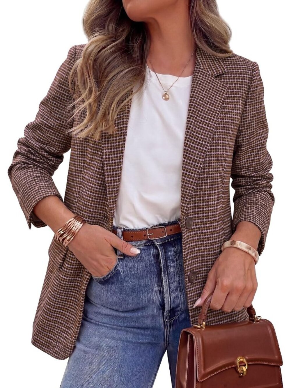Women's Plaid Pink Long Sleeve Notch Lapel Pockets Oversized Blazer Suit Jackets